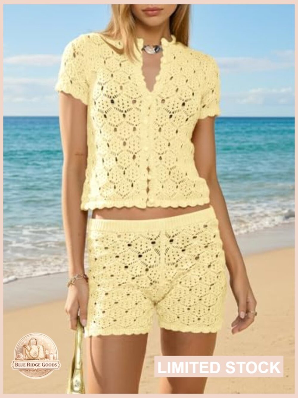 Crochet Cover Up Set Y2K Chic Beach Shorts Button Crop Top Summer Swimsuit - Picture 3 of 6